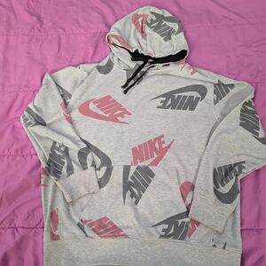 Nike Men's Gray and Red Logo Hoodie